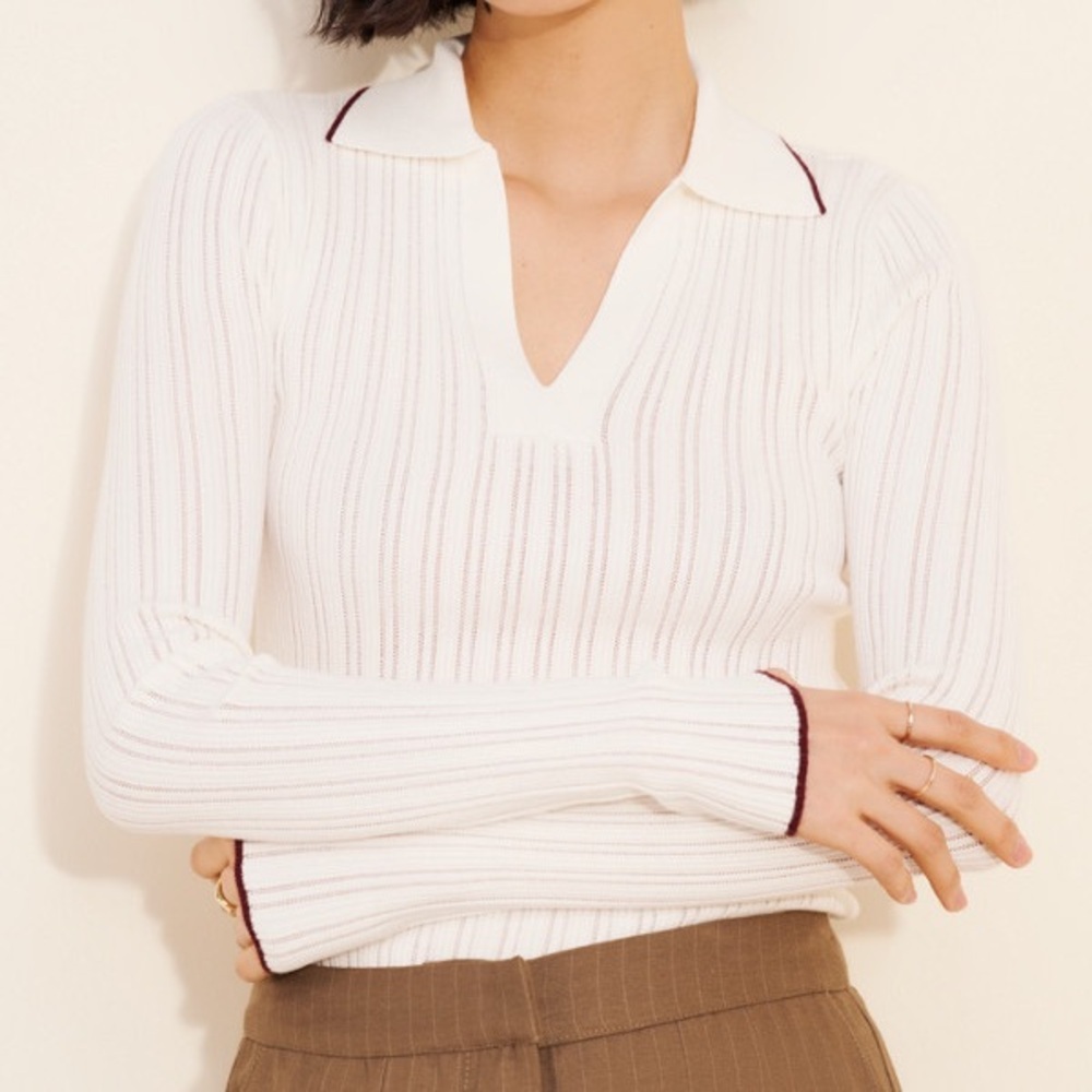 NWT Madewell White V Neck Ribbed Collared Sweater XS Quiet Luxury Minimalist - Picture 10 of 11